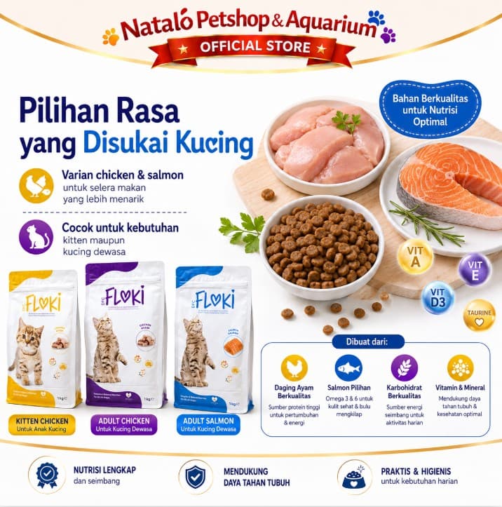 Floki Cat Food 1KG Adult Salmon Chicken / Kitten Dry Premium Makanan Kering Kucing Dewasa Semua Ras All Breed Kitten rasa Ayam Ikan Anak 1 KG - gambar 4