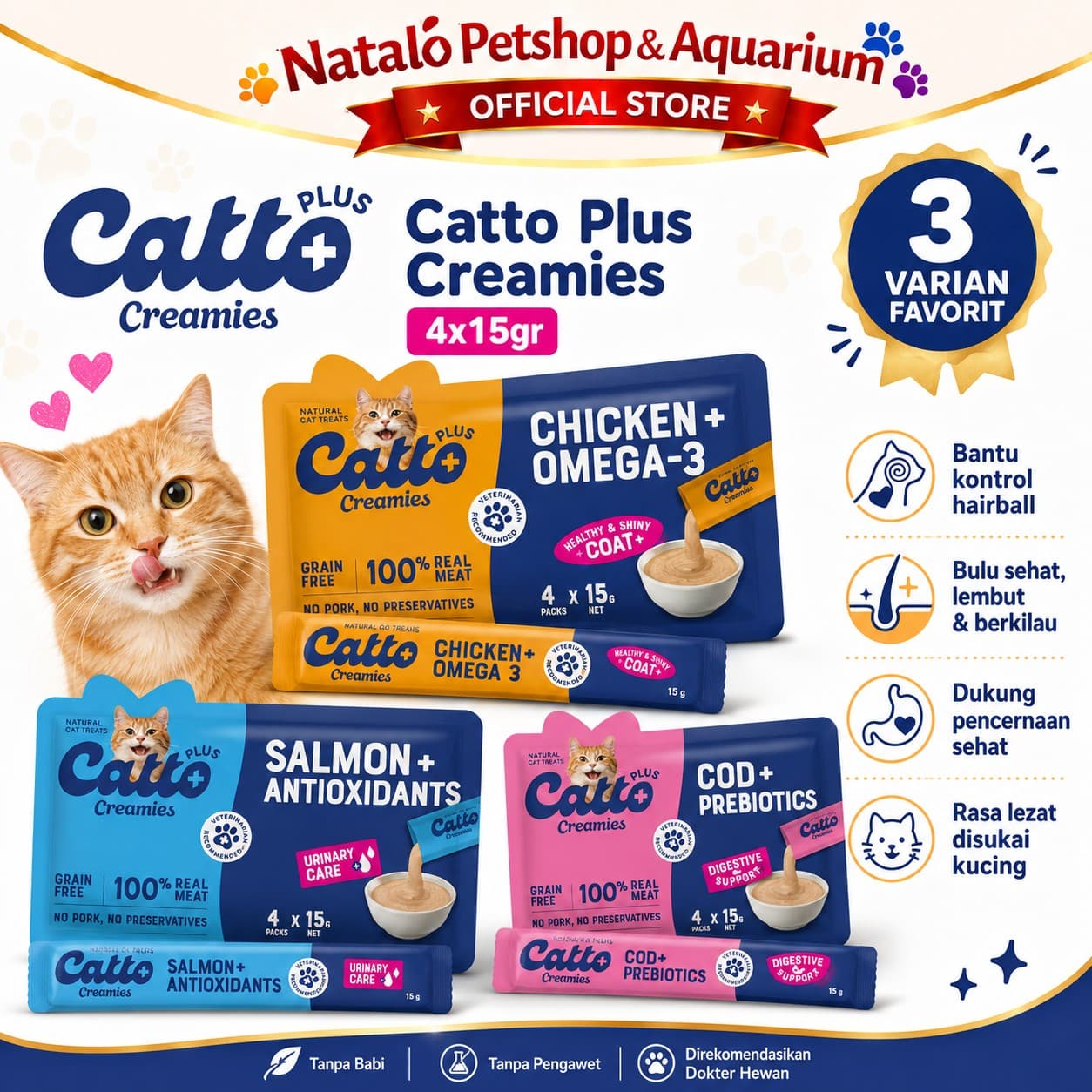Catto Plus Creamies Chicken + Omega 3 / Salmon + Antioxidant / Cod + Prebiotics 4x15gr -Snack Camilan Kucing Premium - gambar 1