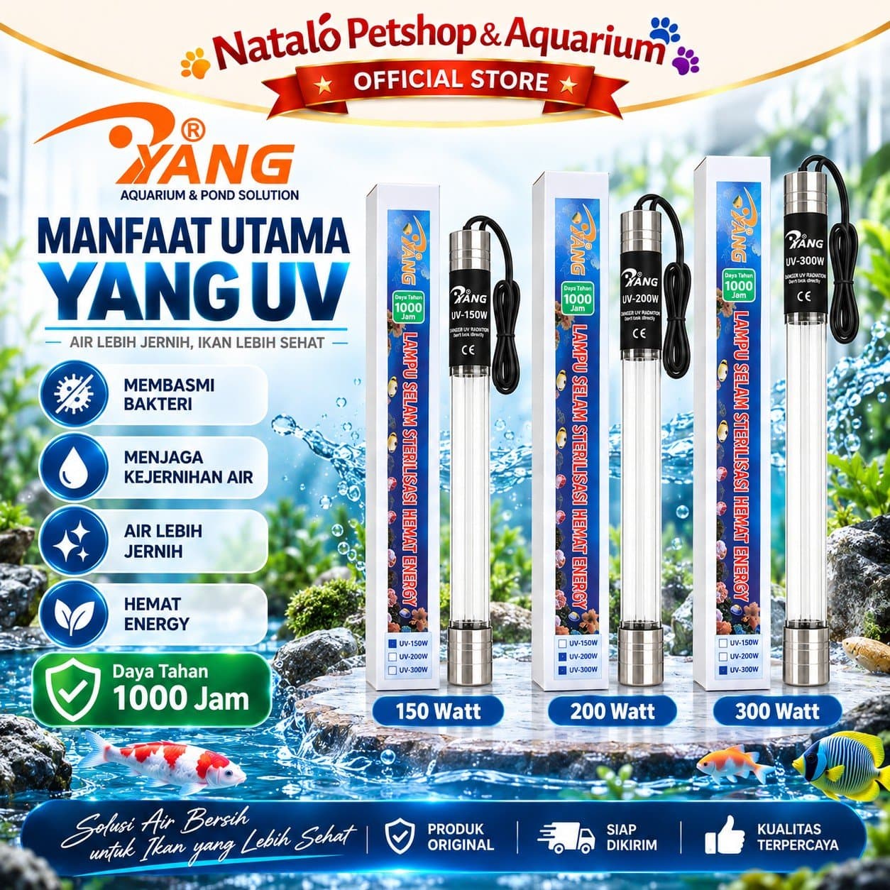 YANG Lampu UV High Watt Sterilizer Celup Kolam Koi Aquarium 150 Watt 200 Watt 300 Watt Ultraviolet Sterilisasi Air Anti Alga Air Hijau Filter Kolam Ikan - gambar 3