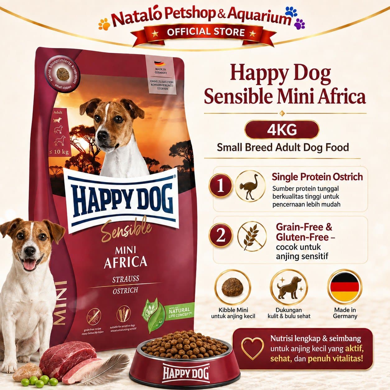 Happy Dog Sensible Mini Africa Small Breed Adult Dog Food Grain Free / Single Protein Ostrich 4KG - Makanan Anjing Dewasa Ras Kecil Super Premium 4 KG - gambar 1