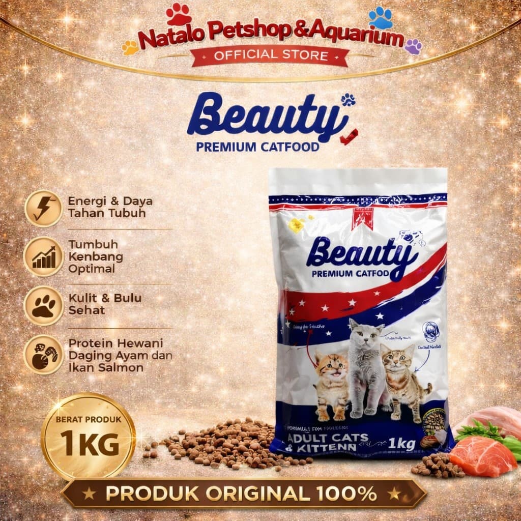 Beauty Premium Cat Food 1KG Adult & Kitten - Makanan Kucing Salmon & Chicken Semua Umur 1 KG - gambar 1