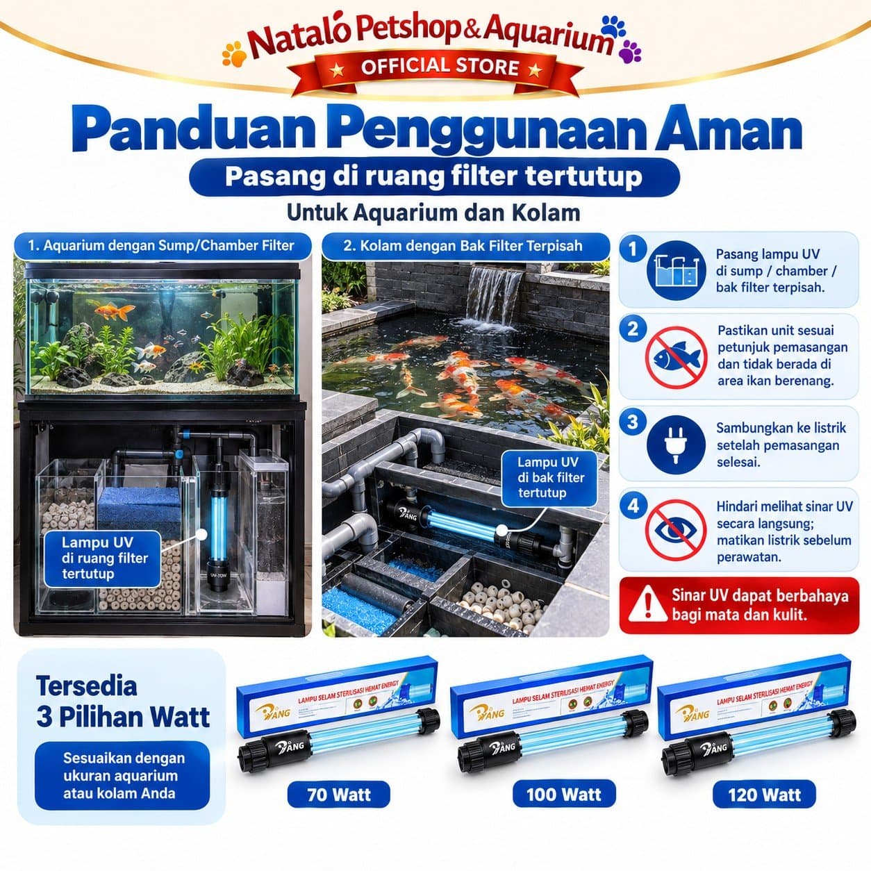 YANG Lampu UV Sterilizer Celup Kolam Koi Aquarium 70 Watt 100 Watt 120 Watt UV Light Ultraviolet Sterilisasi Air Anti Alga Air Hijau Untuk Filter Kolam Ikan - gambar 3
