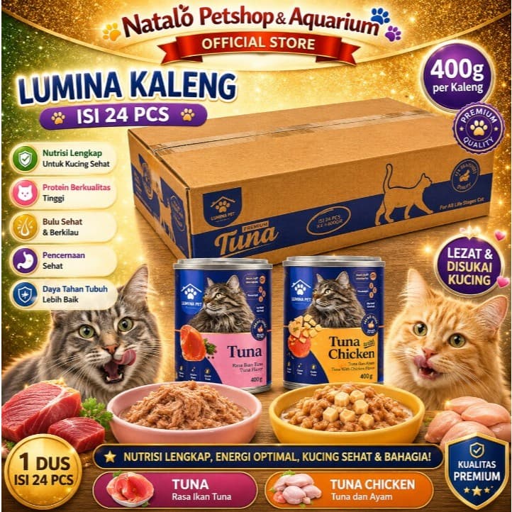 Lumina Pet Kaleng 400GR per DUS isi 24 pcs - Canned Wet Cat Food All Life Stages 400 gr / Makanan Basah Kucing Segala Semua Usia Umur Tuna Chicken Penutup Sendok - gambar 1