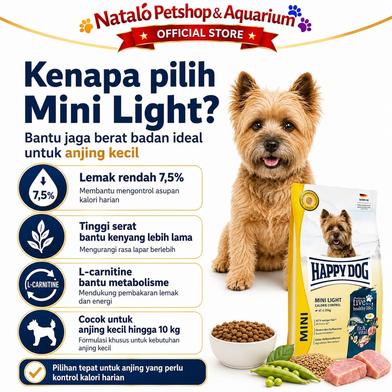 Happy Dog Fit & Vital Mini Light Calorie Control / Low Fat / Weight 800GR Small Breed Adult Dog Food - Makanan Anjing Dewasa Ras Kecil untuk Menjaga Berat Badan 800 GR - gambar 2