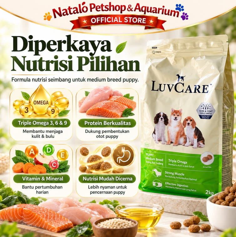 Luv Care Puppy Medium Breed Triple Omega 2KG Makanan Anjing Puppy Dry Food Kulit Bulu Pencernaan - gambar 4