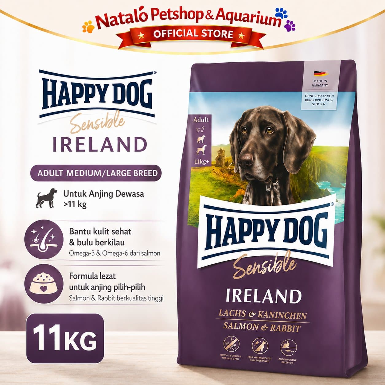 Happy Dog Sensible Ireland 11KG Medium Large Breed Adult Dog Food Salmon & Rabbit - Makanan Anjing Dewasa Irland Ras Besar Super Premium 11 KG - gambar 1