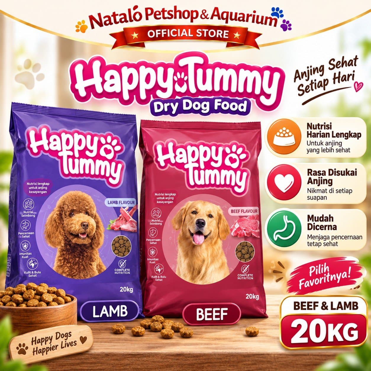 Happy Tummy Dog 20KG - Adult Dry Dog Food Beef or Lamb - Makanan Kering Anjing Dewasa Ekonomis 20 KG