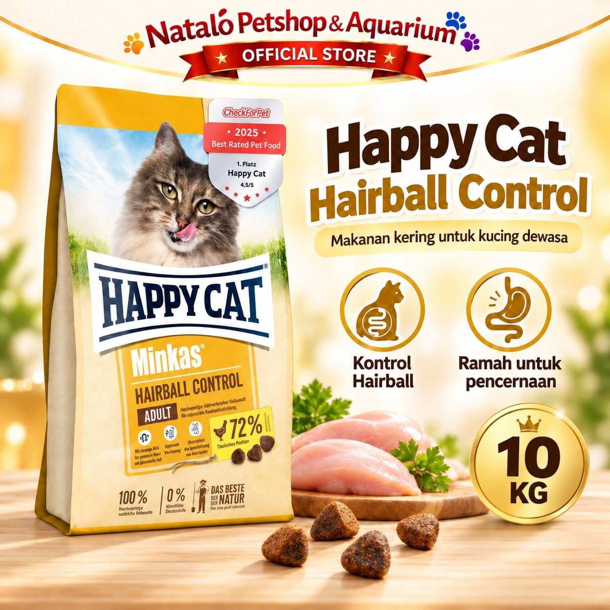 Happy Cat Minkas Hairball Control 10KG Adult Dry Cat Food - Makanan Kucing Dewasa Anti Hair Ball 10 KG