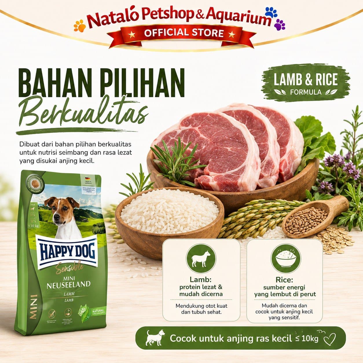 Happy Dog Sensible Mini Neuseeland Lamb 10KG Small Breed Adult Dog Food - Makanan Anjing Dewasa Rasa Domba Ras Mini Irland Super Premium 10 KG - gambar 4