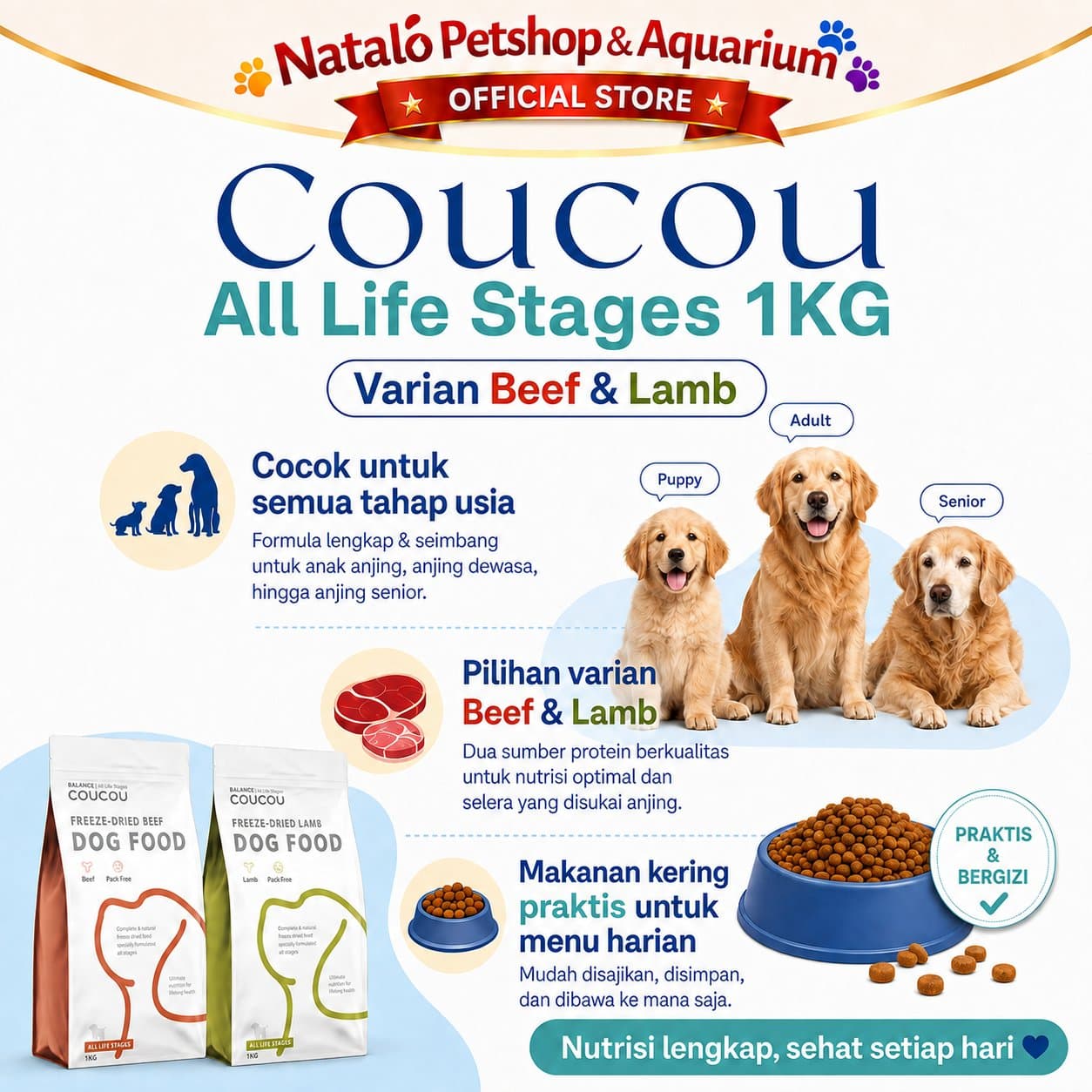 COUCOU Freeze Dried Raw Dog Food Lamb / Beef 1KG All Life Stages - Makanan Anjing Kering Cou Cou Rasa Domba / Sapi Semua Umur 1 KG - gambar 2