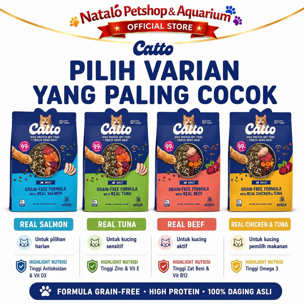 Catto High Protein Dry Adult Cat Food + Freeze Dried Meat Grain Free Formula 400GR - Makanan Kering Kucing Dewasa Premium 400GR - gambar 6
