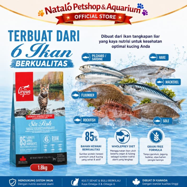 Orijen Cat Six Fish GRAIN FREE Super Premium Cat Food 340gr / 1.8KG Makanan Kucing Kering rasa Ikan Healthy Skin Coat Bulu Lebat Digestive Heart Health Kesehatan Kulit Pencernaan Jantung Salmon - gambar 4