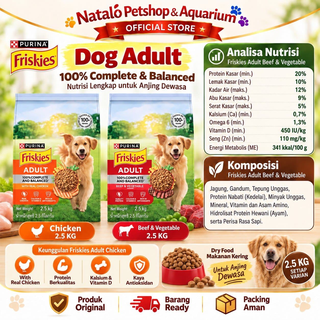 Friskies Real Chicken / Beef & Vegetable 2.5KG Adult Dry Dog Food - Makanan Kering Anjing Dewasa Rasa Sapi / Ayam 2.5 KG - gambar 4