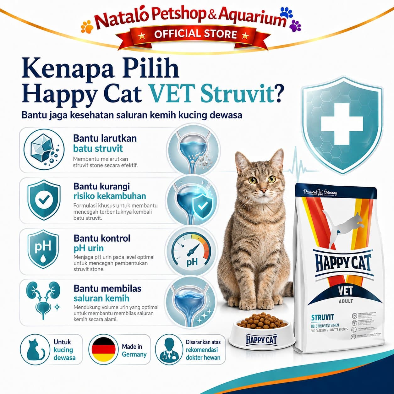 Happy Cat Vet Struvit 1KG Urinary S/O Adult Cat Food - Makanan Kucing Dewasa untuk Pengobatan Saluran Kencing Kemih FLUTD 1 KG - gambar 2