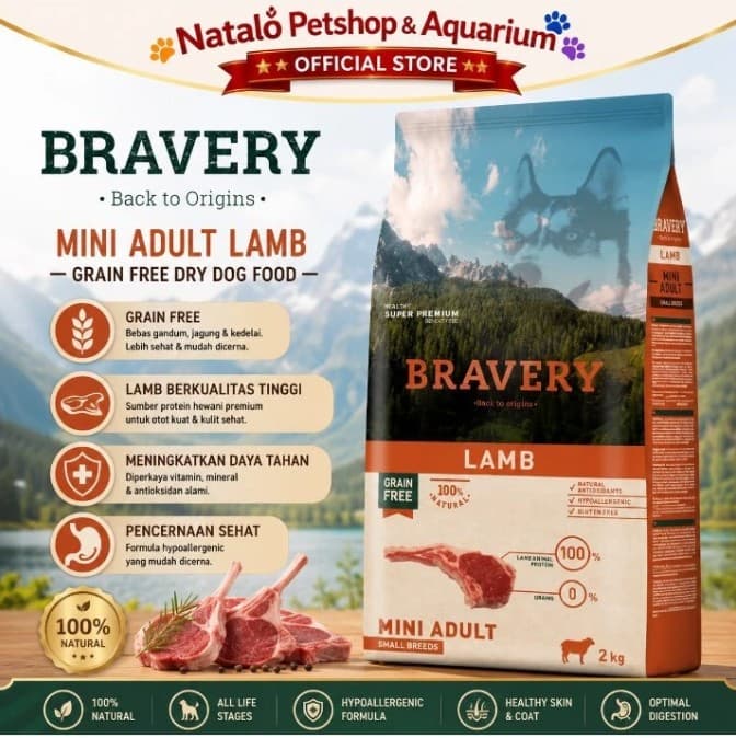 Bravery Mini Adult LAMB 2KG Makanan Anjing Small Breed Super Premium Food Pelet - gambar 1