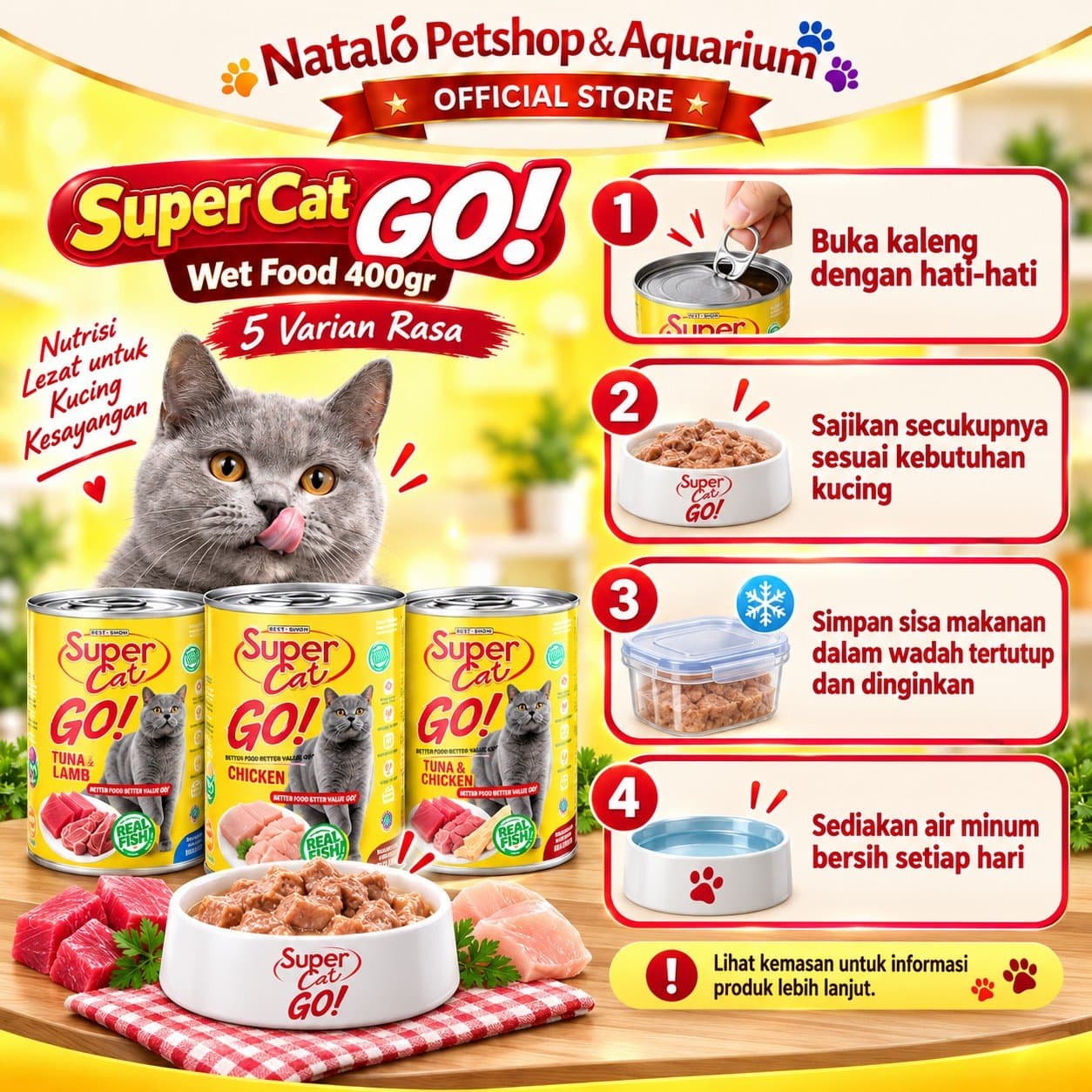 Super Cat GO! Kitten & Adult Wet Cat Food 1 DUS isi (24pcs x400gr) - Makanan Basah Kaleng Supercat GO Anak & Kucing Dewasa - gambar 3