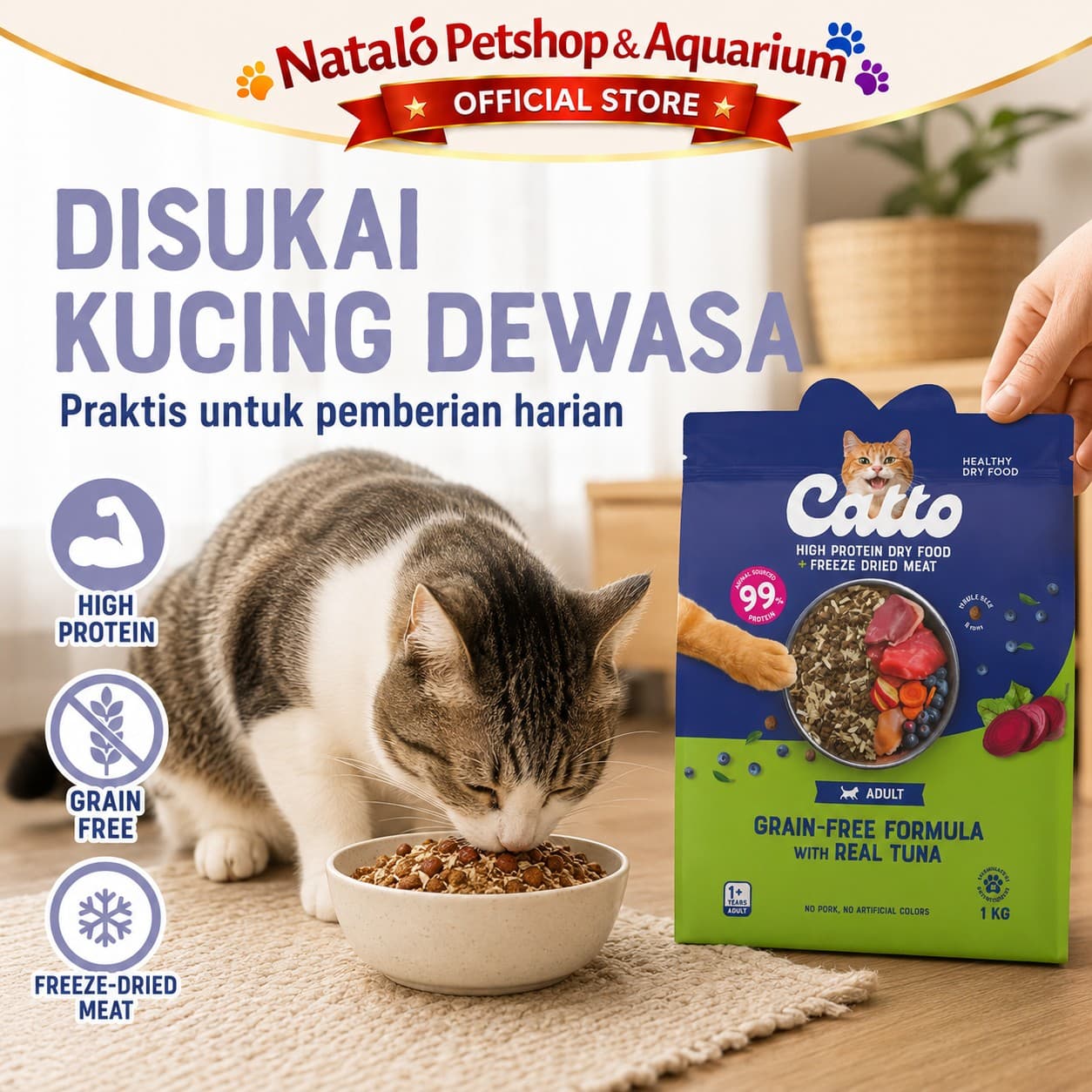 Catto High Protein Dry Adult Cat Food + Freeze Dried Meat Grain Free Formula 1KG - Makanan Kering Kucing Dewasa Premium 1 KG - gambar 6