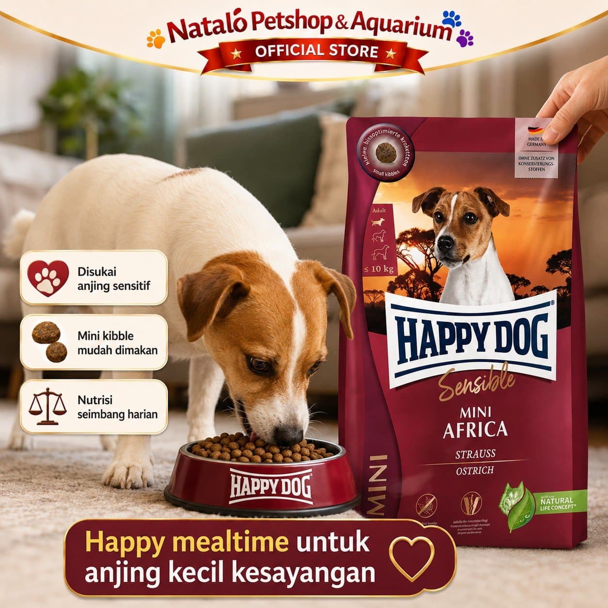Happy Dog Sensible Mini Africa Small Breed Adult Dog Food Grain Free / Single Protein Ostrich 4KG - Makanan Anjing Dewasa Ras Kecil Super Premium 4 KG - gambar 5