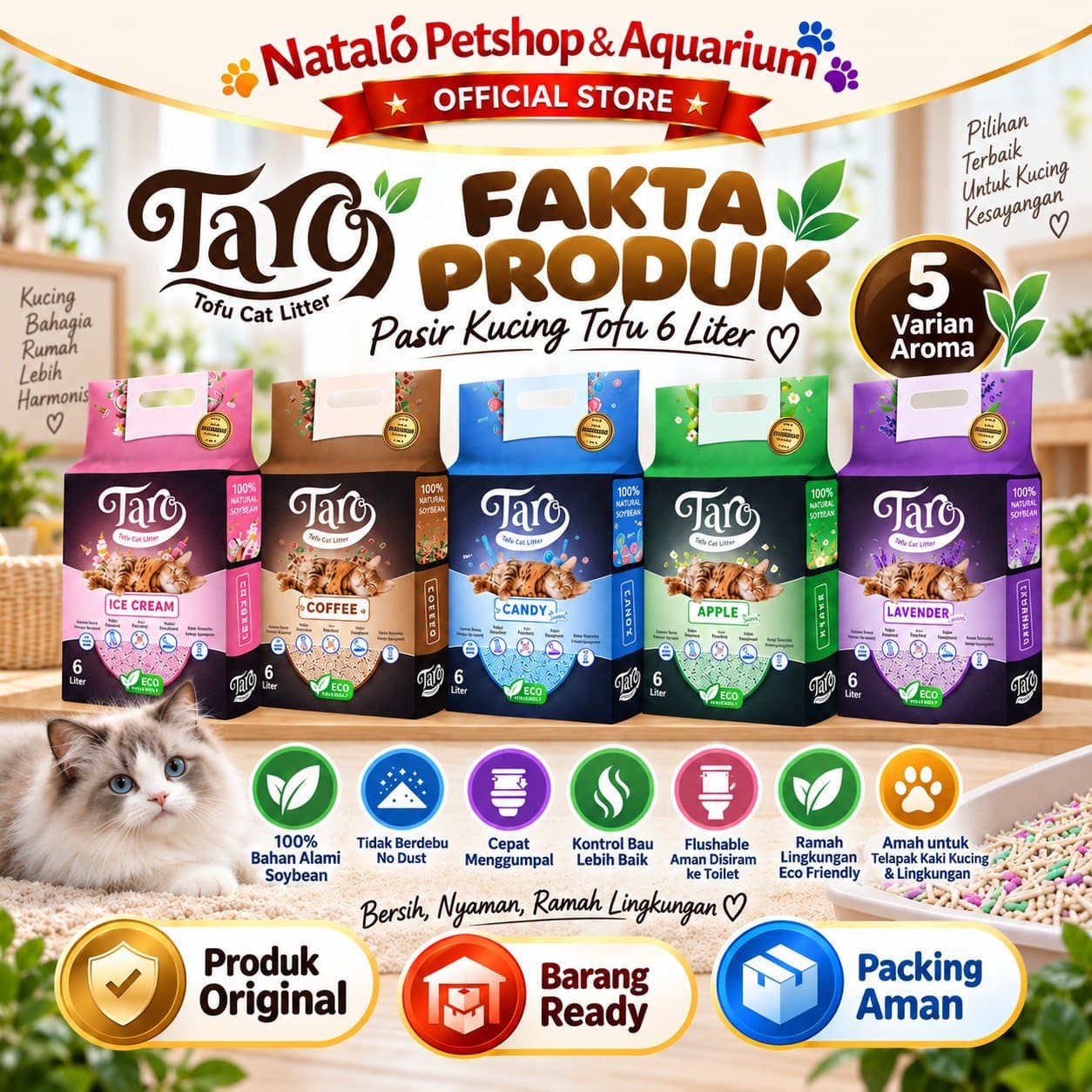 Taro Tofu Cat Litter 6LT Soya Clump 6 LT - Pasir Kucing terbuat dari Tahu Anti Debu - Gumpal Maximal Lembut Nyaman 6L 6 Liter Wangi - gambar 4
