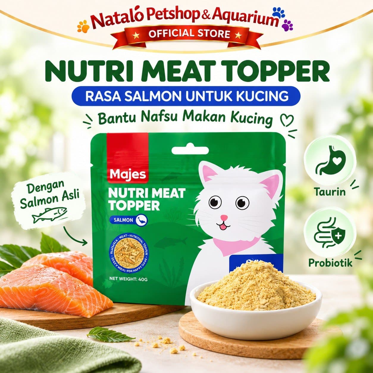 Majes Cat Nutri Meat Topper Salmon - Snack Abon Topping Premium untuk Makanan Kucing Semua Umur 40gr