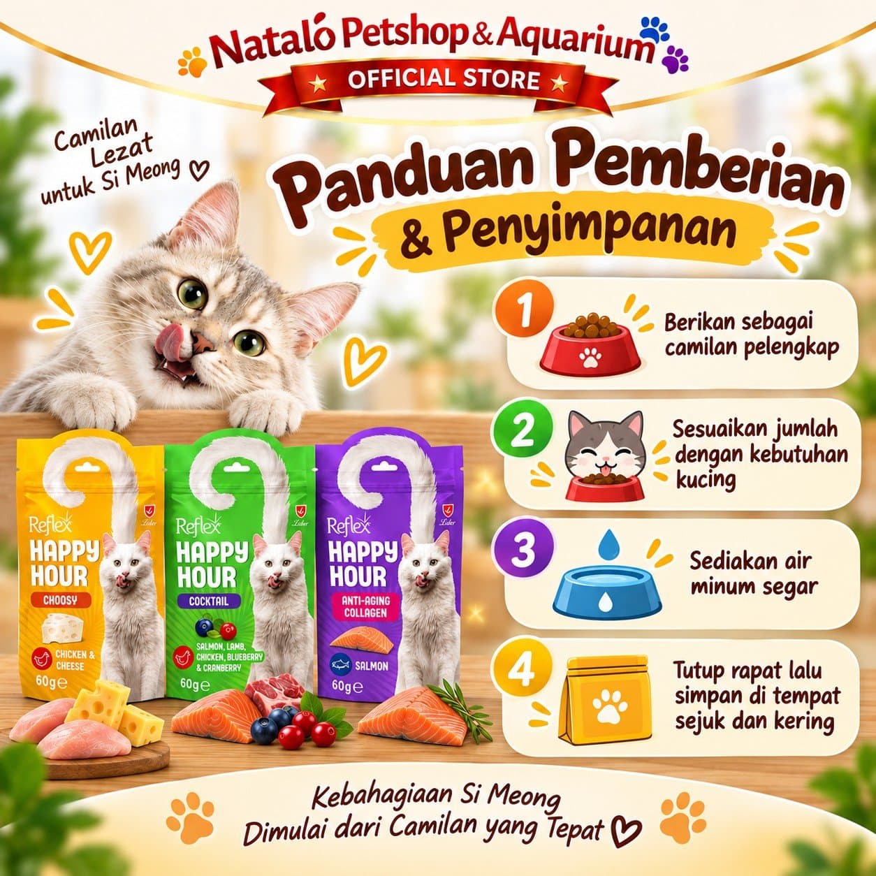 Reflex Happy Hour Cat Treat 60G 3 Varian - Snack Kucing Dewasa Choosy Chicken Cheese Cocktail Anti Aging Collagen Salmon - gambar 3
