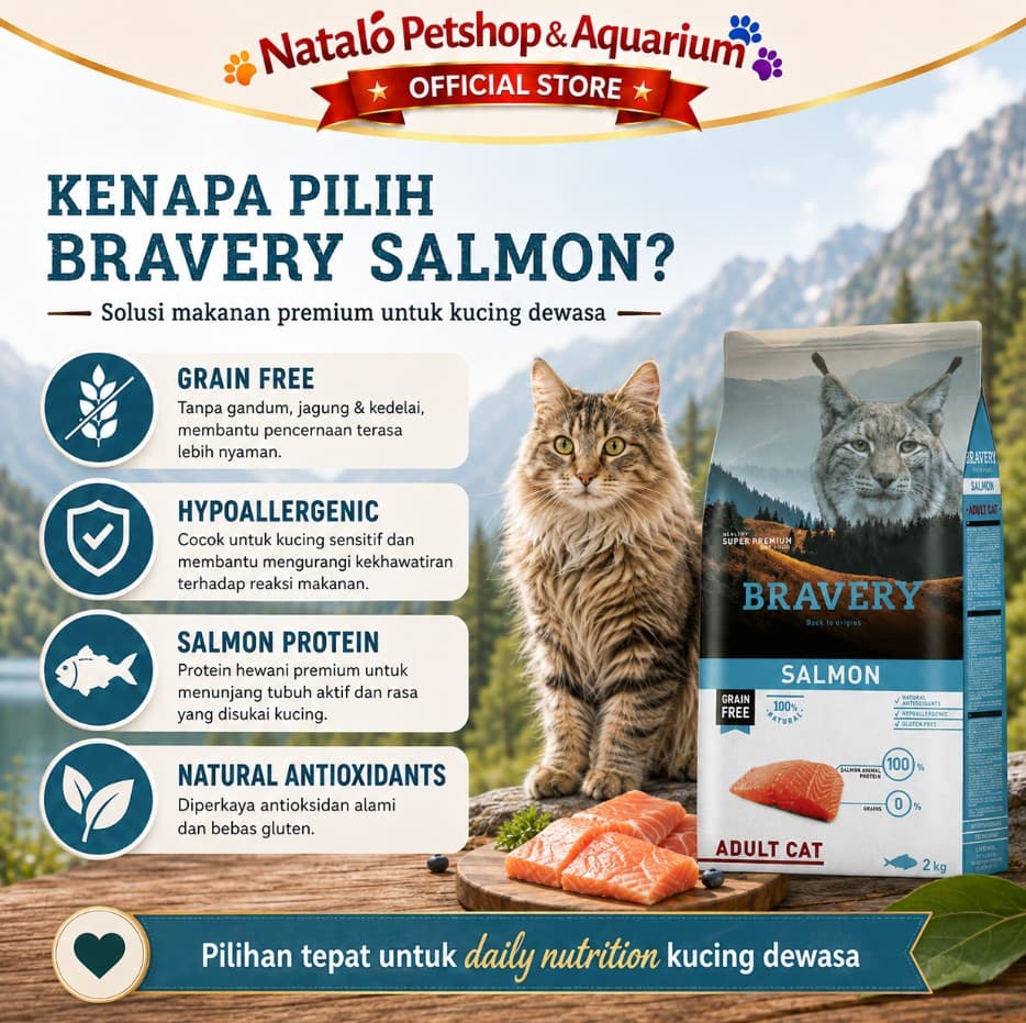 Bravery Adult Cat Salmon 2KG Makanan Kucing Dewasa Super Premium Food Pelet - gambar 2