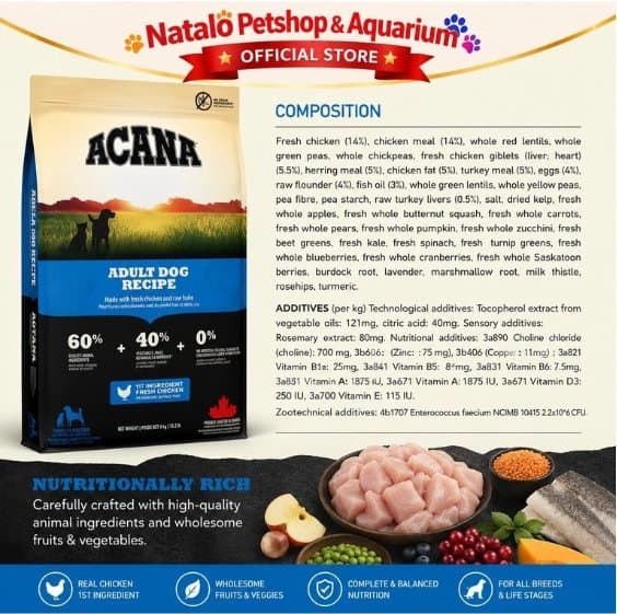 Acana Adult Dog Recipe 2KG Grain Free Super Premium Dry Dog Food - Medium Large Breed Makanan Kering Anjing Dewasa Ras Sedang Besar Tinggi Protein - High Protein 2 KG - gambar 3