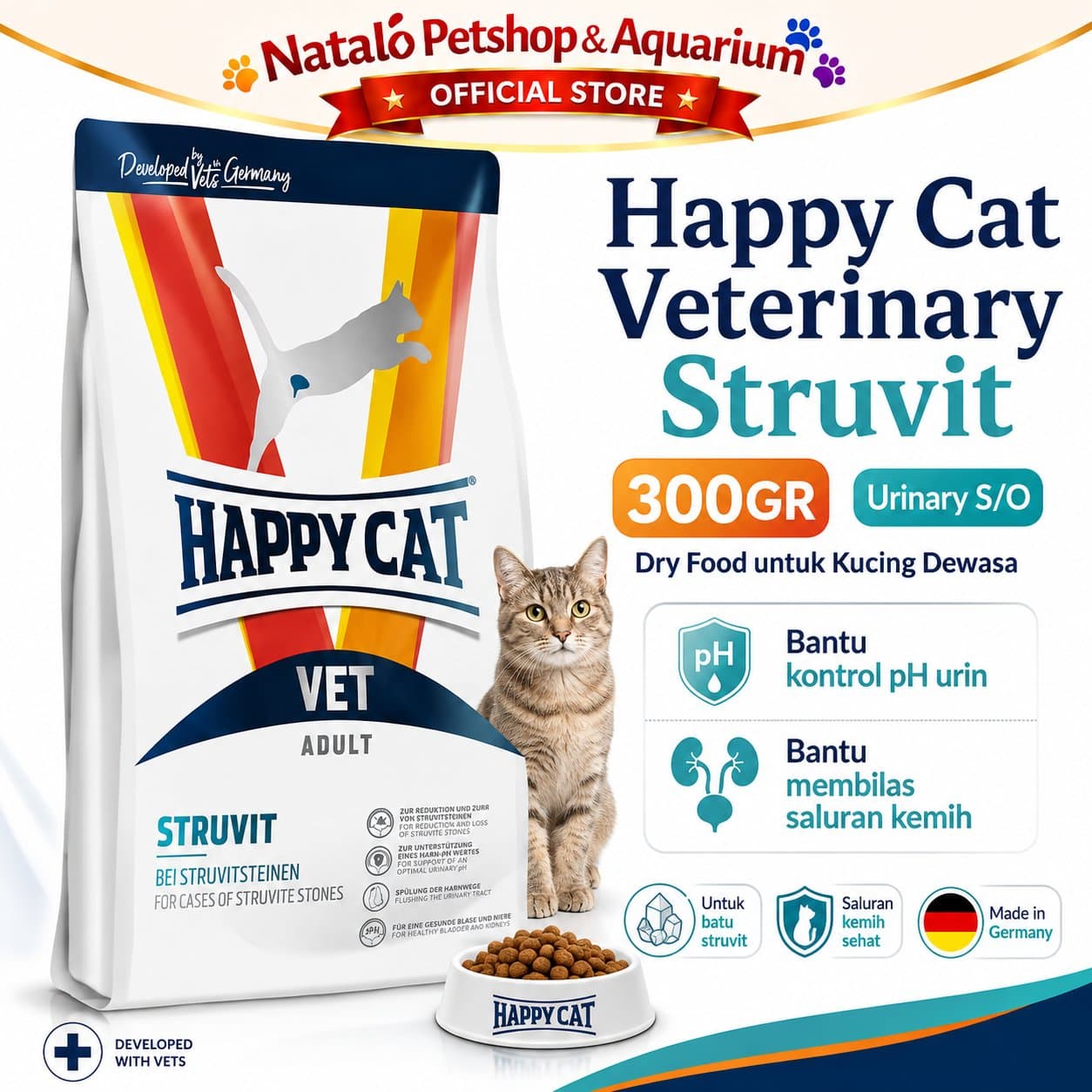 Happy Cat Vet Struvit 300GR Urinary S/O Adult Cat Food - Makanan Kucing Dewasa untuk Pengobatan Saluran Kencing Kemih FLUTD 300 GR - gambar 1