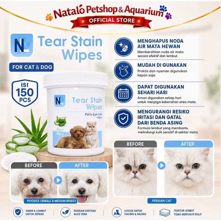 NL TEAR STAIN WIPES isi 150 pcs per Botol - Tisu Pemberih Mata Hewan Kucing Anjing Eye Care for Pet Cat Dog Kitten Puppy Anak - gambar 1