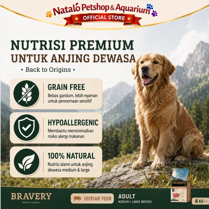 Bravery Medium / Large Adult Dog PORK 4KG Makanan Anjing Super Premium Pelet Food 4 kg - gambar 2
