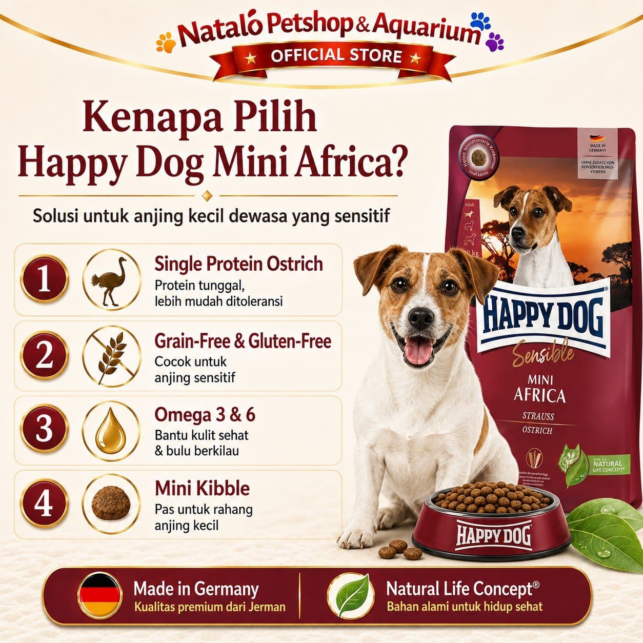 Happy Dog Sensible Mini Africa Small Breed Adult Dog Food Grain Free / Single Protein Ostrich 4KG - Makanan Anjing Dewasa Ras Kecil Super Premium 4 KG - gambar 2