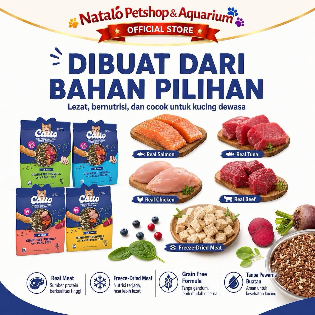 Catto High Protein Dry Adult Cat Food + Freeze Dried Meat Grain Free Formula 400GR - Makanan Kering Kucing Dewasa Premium 400GR - gambar 3