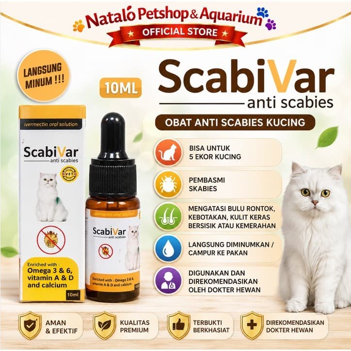 Scabivar Obat Scabies/Skabies Kucing Kelinci 10ml Obati Bulu Rontok Penyakit Kulit Keras Bersisik Kemerahan - gambar 1