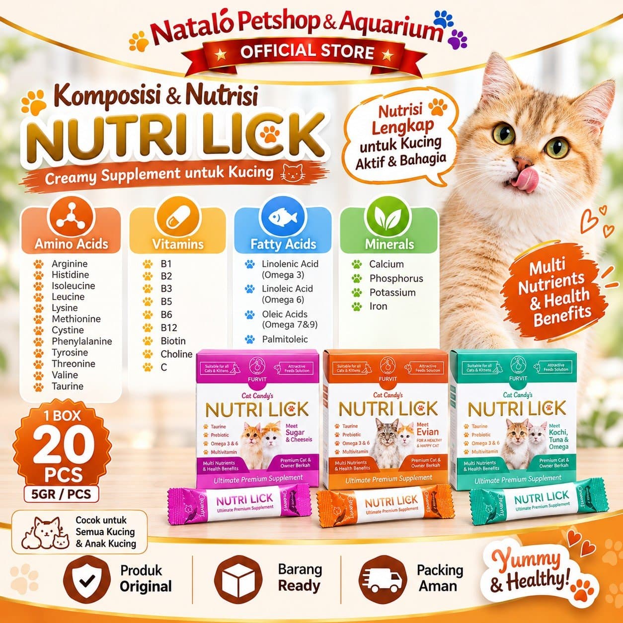 NUTRI LICK Cat Candy - Creamy Suplemen Kucing Premium 1 BOX isi (20pcs x 5gr) - gambar 4
