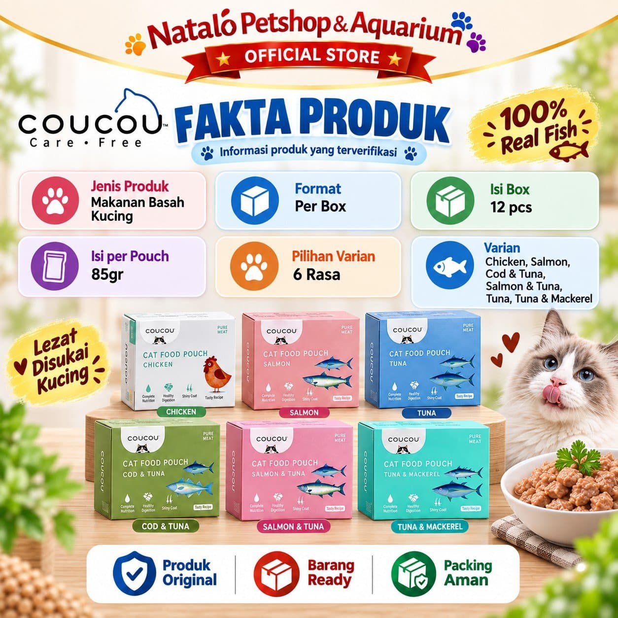 COUCOU Pouch Wet Cat food 1 BOX isi (12pcs x 85gr) All Life Stages - Makanan Basah Saset Kucing COU COU Semua Tahap Usia - gambar 4