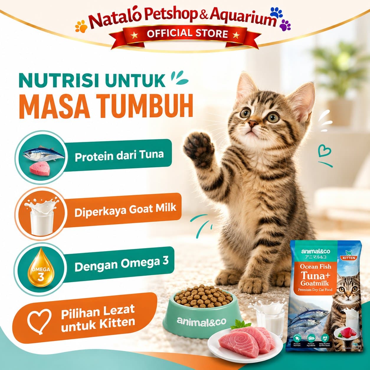 Animal&Co Kitten 800GR Ocean Fish Tuna with Goat Milk Premium Dry Cat Food 800 GR - Makanan Kucing Anakan Animal n Co - gambar 2
