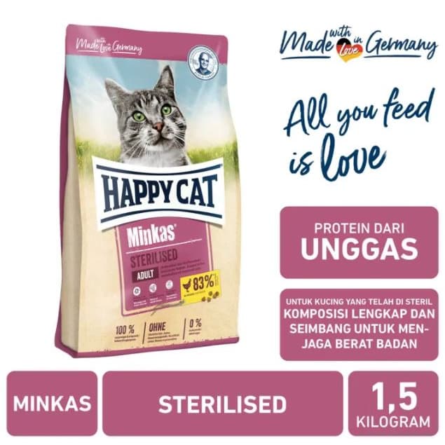 Happy Cat Minkas Sterilised 1.5KG Makanan Kucing Dry Food Steril - gambar 1