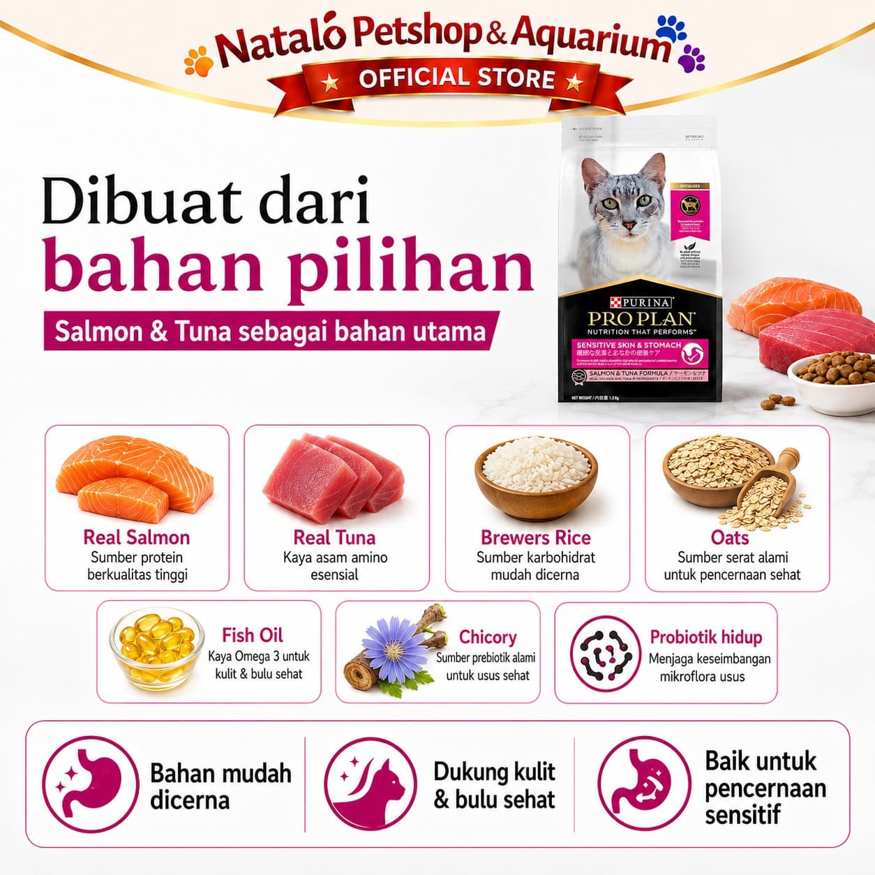 PRO PLAN Sensitive Skin & Stomach 1.5KG - Makanan Kucing Dewasa untuk Kulit dan Pencernaan Sensitif 1.5KG PROPLAN - gambar 4