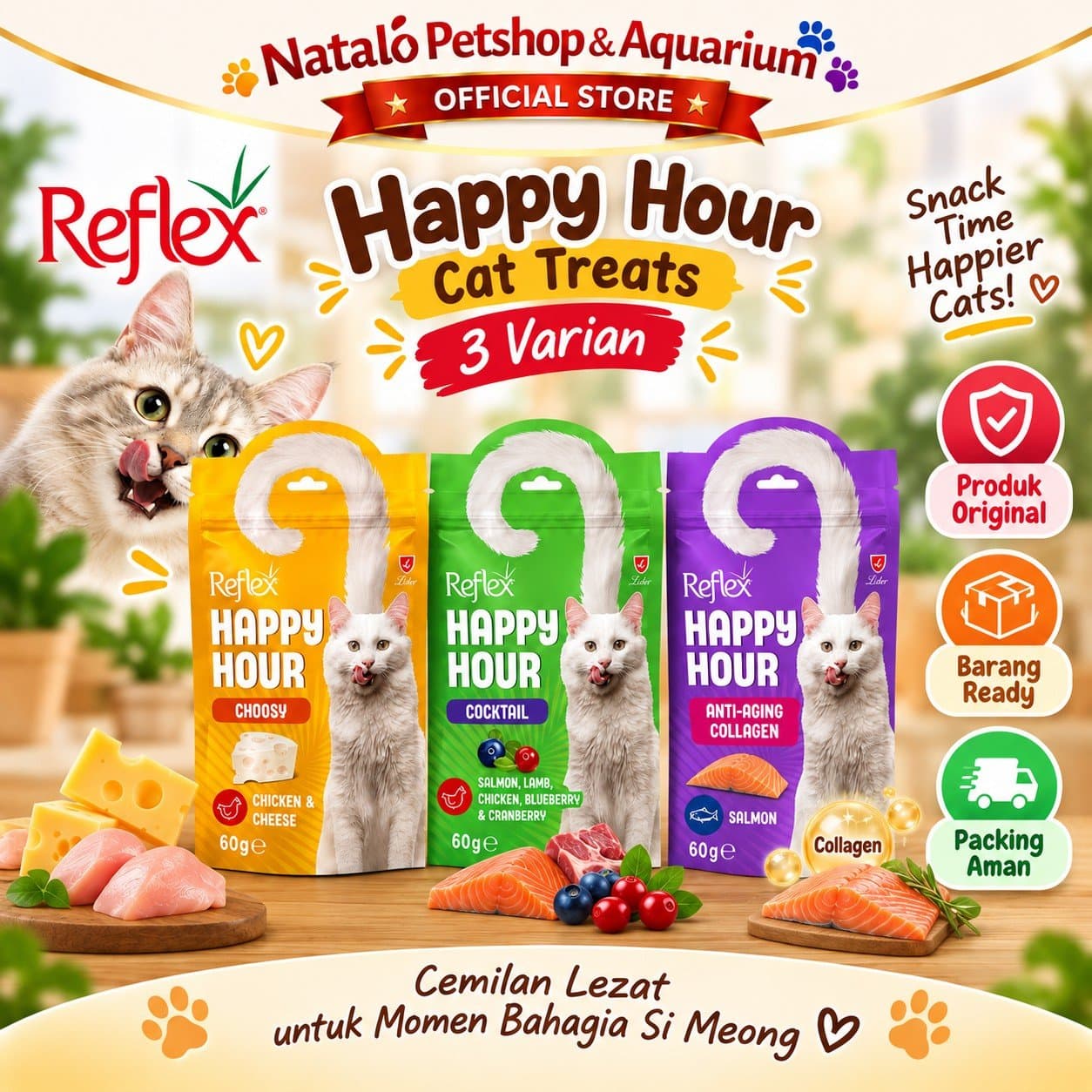 Reflex Happy Hour Cat Treat 60G 3 Varian - Snack Kucing Dewasa Choosy Chicken Cheese Cocktail Anti Aging Collagen Salmon - gambar 1