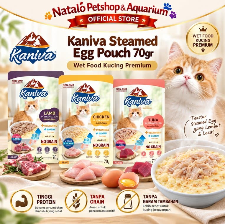 Kaniva Steamed Egg Pouch 70gr Wet Food Kucing Chicken Tuna Lamb High Protein No Grain Makanan Kucing Basah - gambar 1