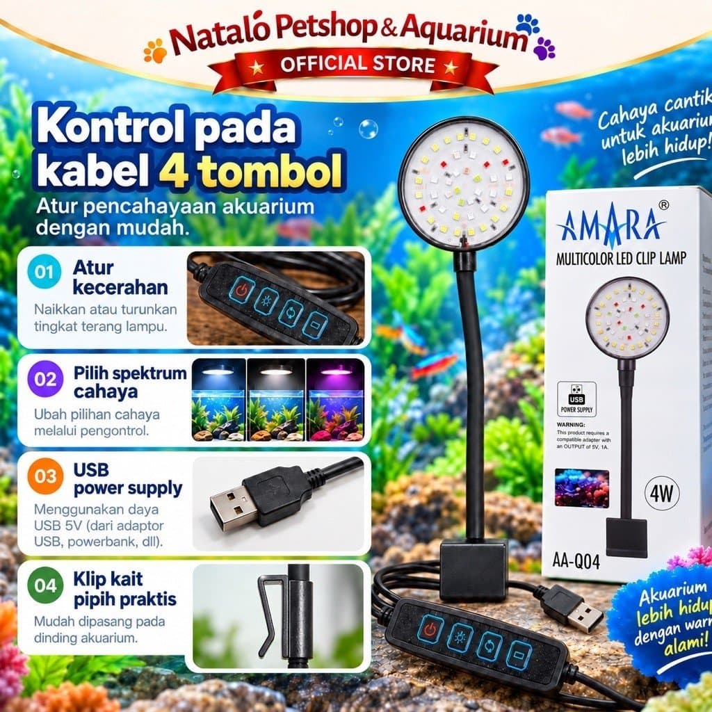 AMARA Multicolor Led Clip Lamp AA-Q04 - Lampu Led Aquarium Aquascape Jepit USB 3 MODE / Hemat AA Q04 Watt - gambar 2