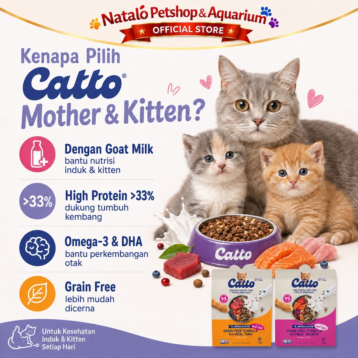 Catto High Protein Dry Mother & Kitten Cat Food + Freeze Dried Meat Grain Free Formula 1KG - Makanan Kering Anak dan Ibu Kucing Premium 1 KG - gambar 2