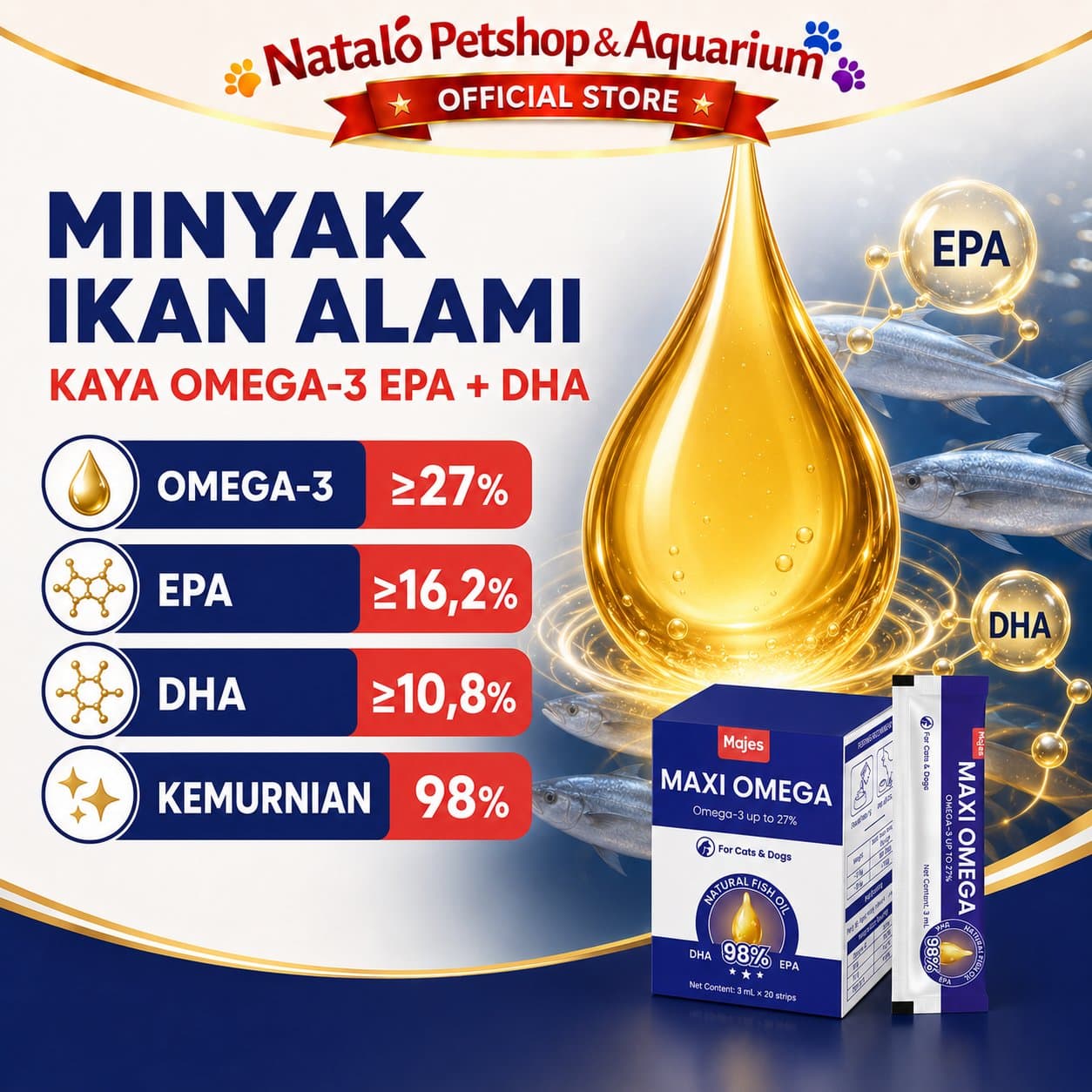 Majes Maxi Omega Natural Fish Oil Pet Supplements - Minyak Ikan Super Premium untuk Kucing dan Anjing 1box isi 20Sachet - gambar 5