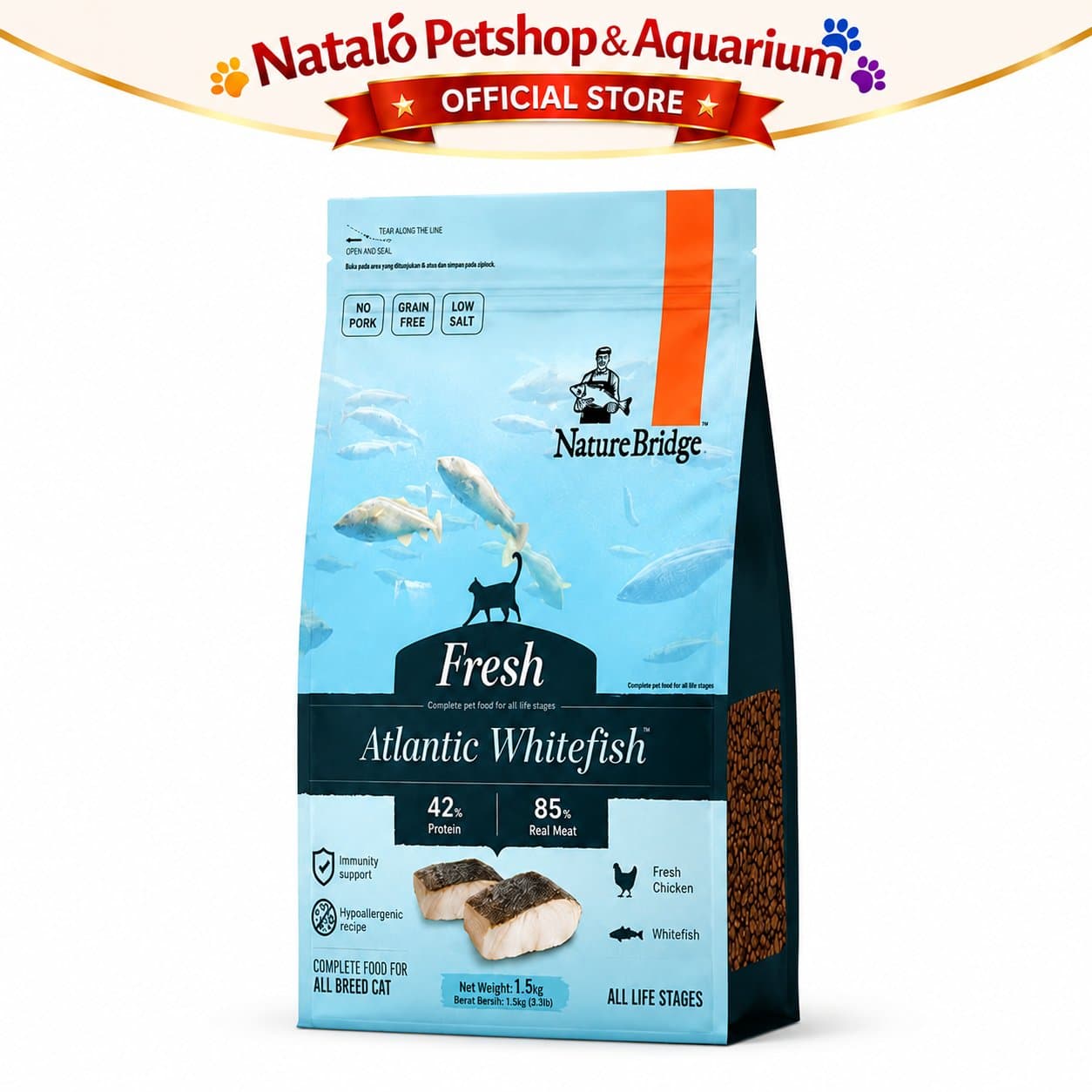 Nature Bridge Fresh Atlantic Whitefish 1.5KG All Life Stages Cat Food No Pork - Makanan Kucing Semua Umur Super Premium 1.5 KG Bebas Babi - gambar 6
