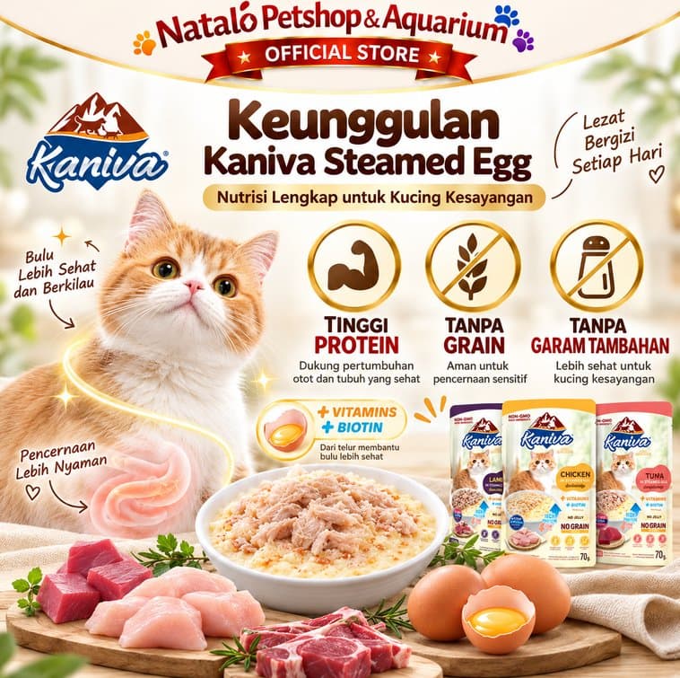 Kaniva Steamed Egg Pouch 70gr Wet Food Kucing Chicken Tuna Lamb High Protein No Grain Makanan Kucing Basah - gambar 2