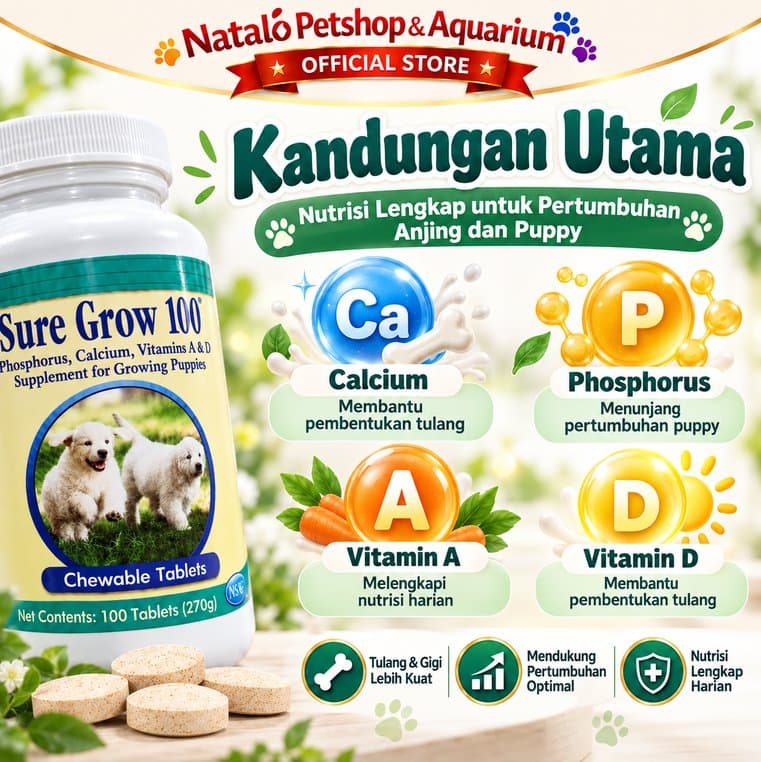 Sure Grow 100 Tablet Vitamin Anjing Puppy Calcium Kalsium Fosfor Vitamin A D Suplemen Pertumbuhan Tulang & Gigi - gambar 4