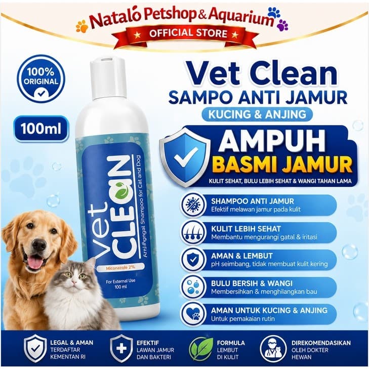 Vet Clean 100ML - Shampoo Anti Jamur Ampuh Hewan Kucing Anjing Anti Fungal Pet Sampo Cat Dog 100 ML