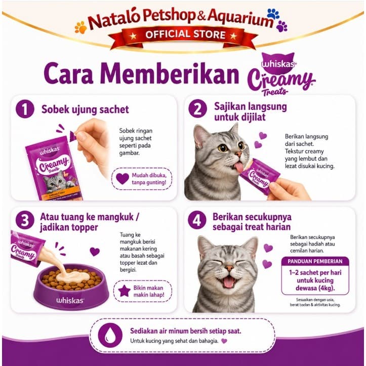 Whiskas Creamy Treats 48gr (12gr x 4pcs) Cat Snack Lickable Liquid Treat Snack Jilat Jajanan Kucing All Life Stages Dewasa Anak 48 gr 4 pcs x 12 gr Cemilan Kitten Adult Camilan - gambar 4