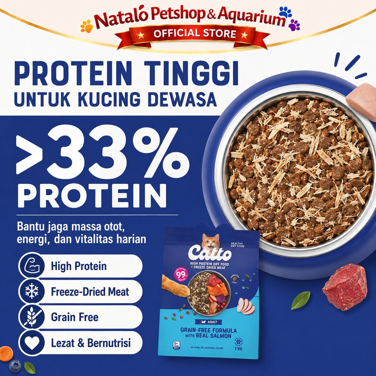 Catto High Protein Dry Adult Cat Food + Freeze Dried Meat Grain Free Formula 1KG - Makanan Kering Kucing Dewasa Premium 1 KG - gambar 3