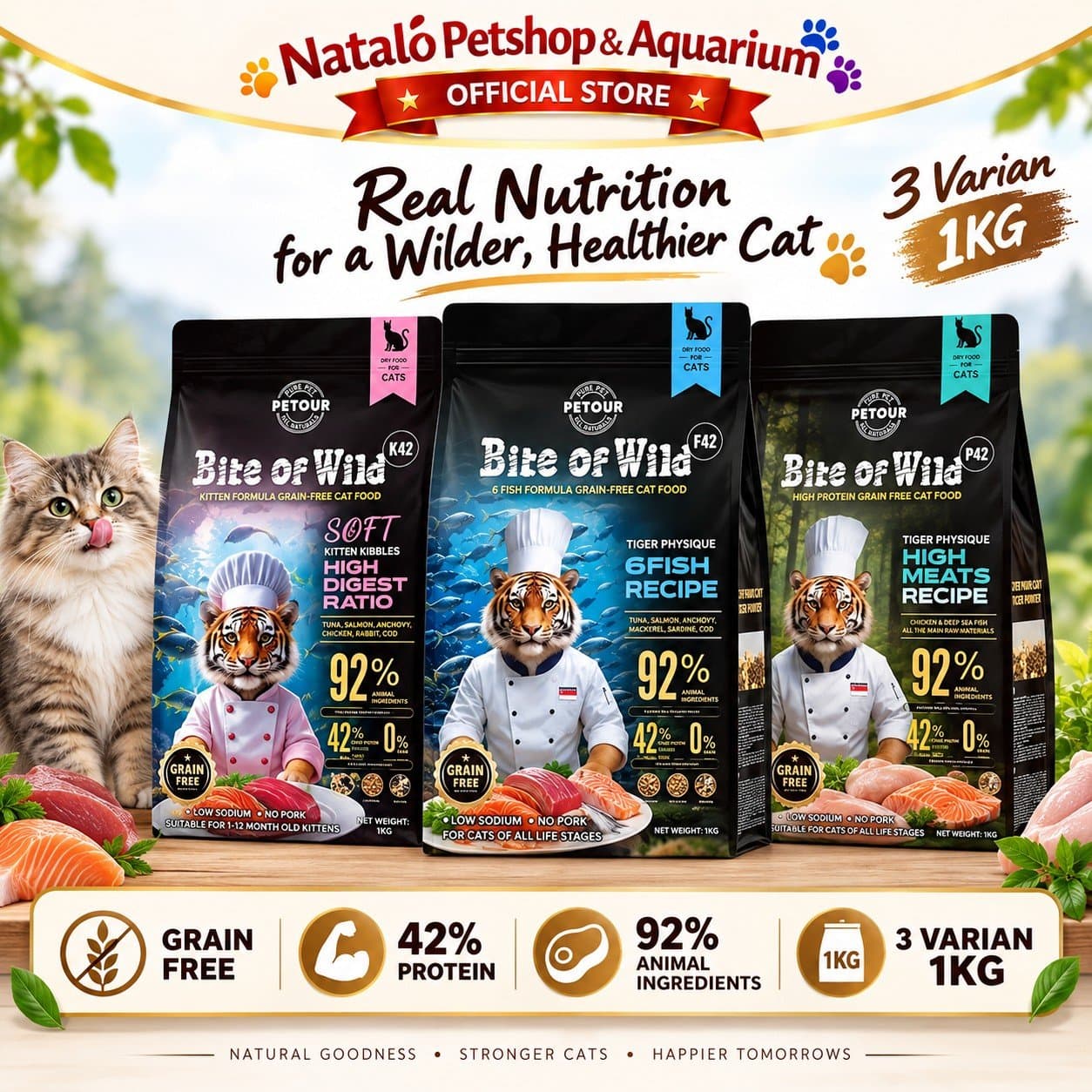 Bite of Wild Grain Free K42 Soft Kitten Kibbles High Digest / F42 6 Fishes Recipe / P42 High Meat Recipe All Life Stages Dry Cat Food 1KG - Makanan Kucing Semua Tahap Usia / Umur 1 KG Tinggi Protein - gambar 1